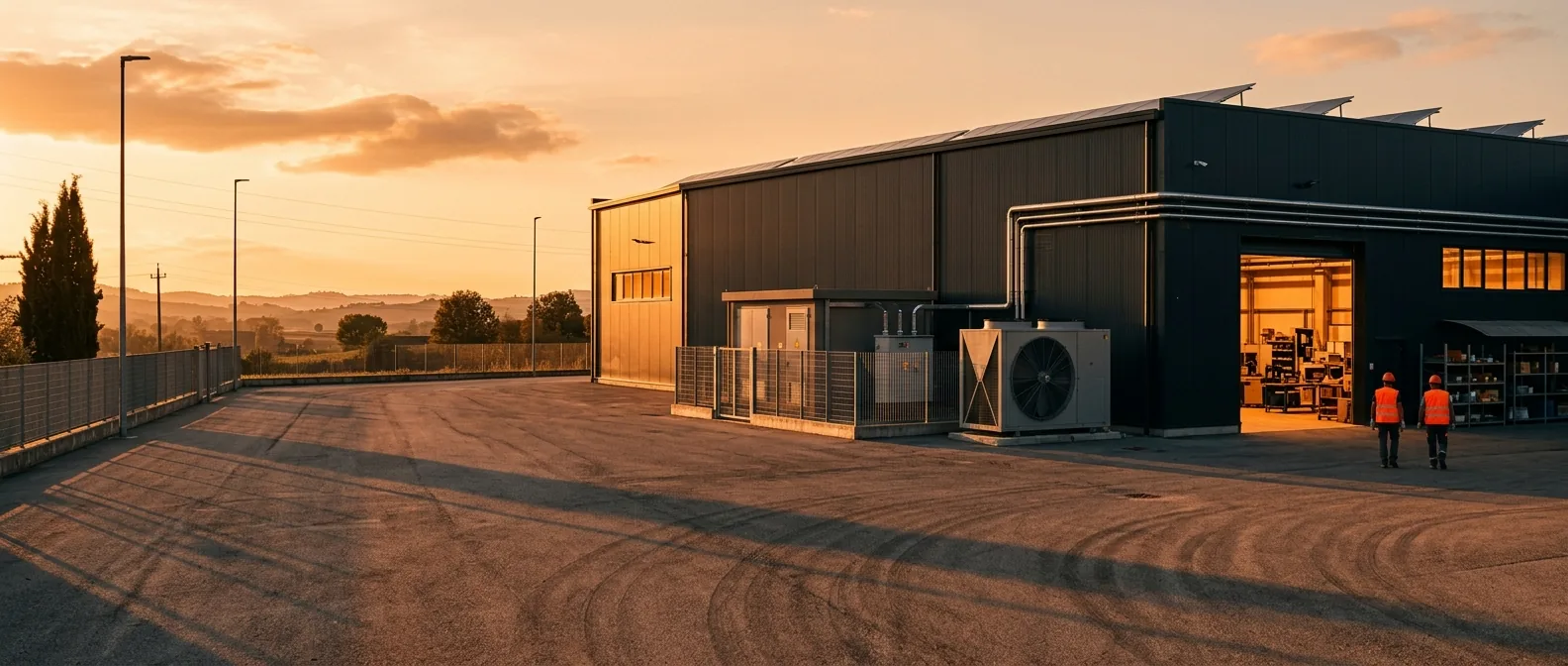 Capannone industriale con pompa di calore e cabina elettrica al tramonto - interventi di efficientamento SolarixBusiness